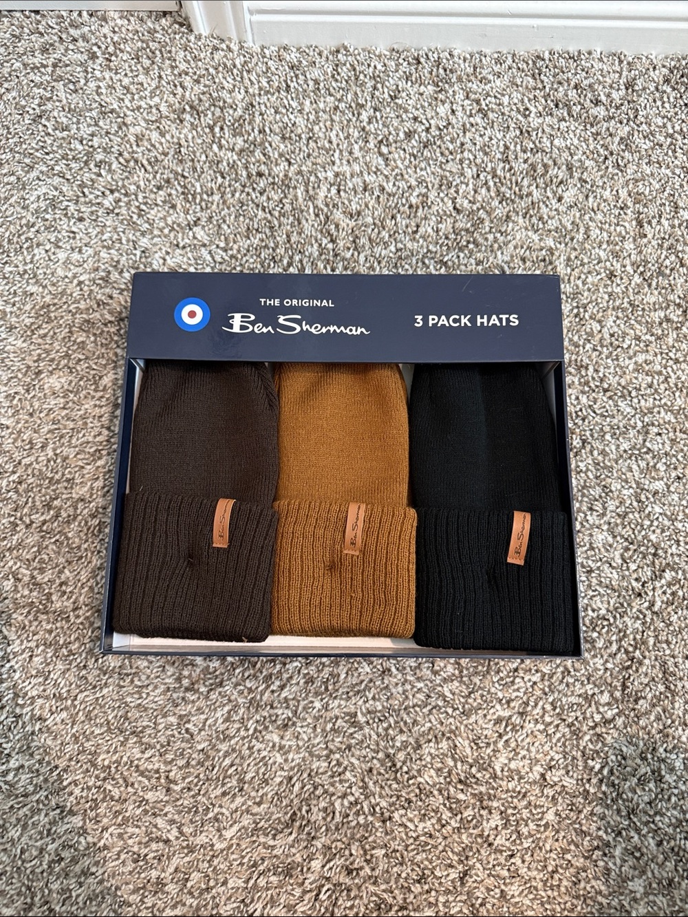 Ben Sherman 3-Pack Knit Beanies in Black, Brown, Mustard